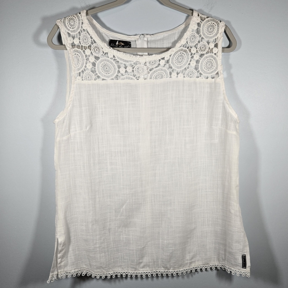 Blanc du Nil White Sleeveless Lace Trim Top Women’s Size Medium (T3) 100% Cotton